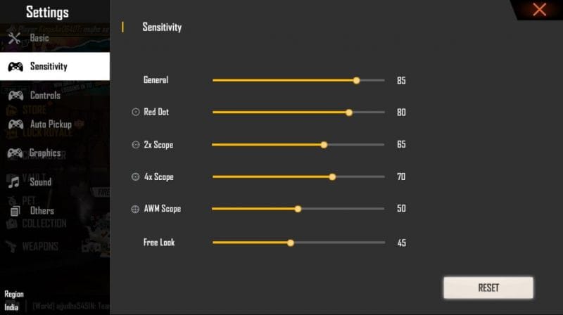best free fire sensitivity settings for one tap Free Fire sensitivity settings menu screenshot