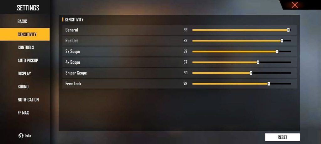 Free Fire Max sensitivity settings menu default values