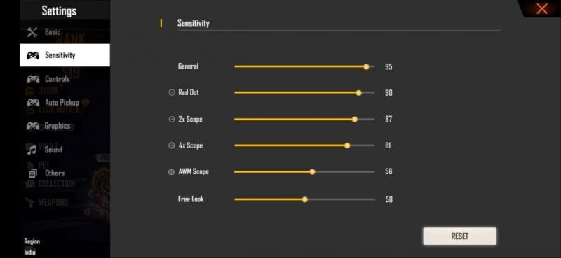 free fire sensitivity settings analyzer Free Fire sensitivity settings menu with sliders