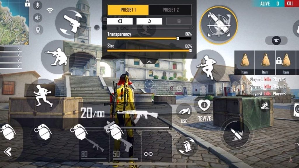 free fire sensitivity settings and hud combo Free Fire HUD customization interface showing button placement