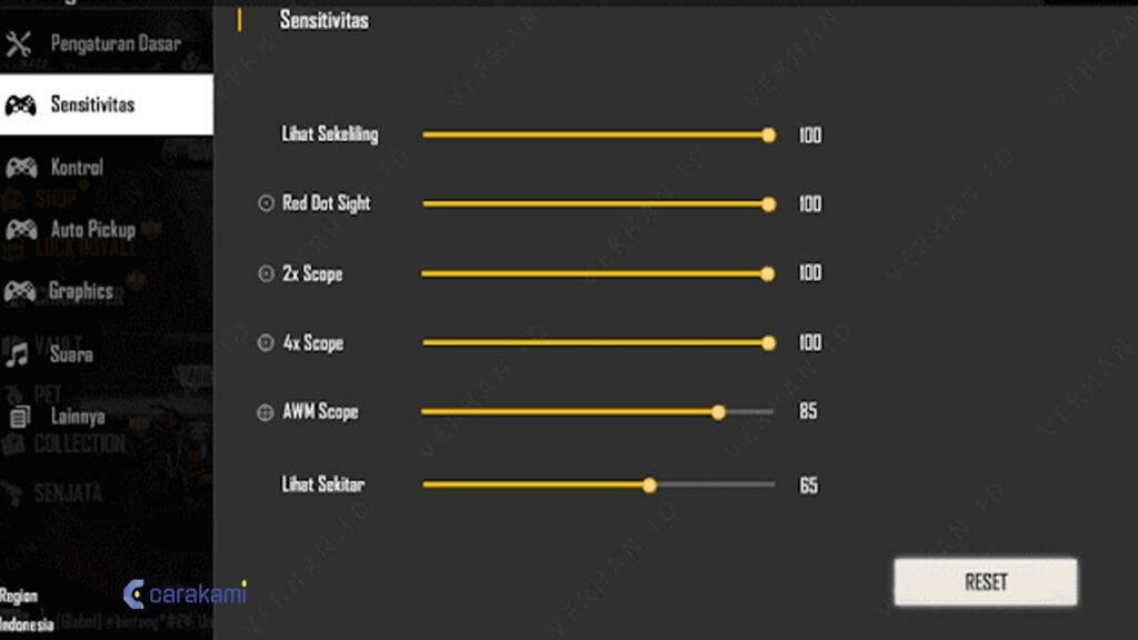 free fire sensitivity settings for auto headshot oppo Free Fire sensitivity settings reset to default menu screenshot