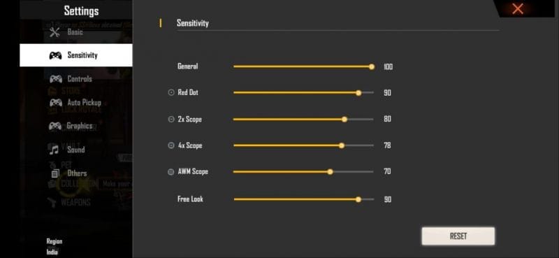 free fire sensitivity settings for awm Free Fire sensitivity settings DPI slider screenshot