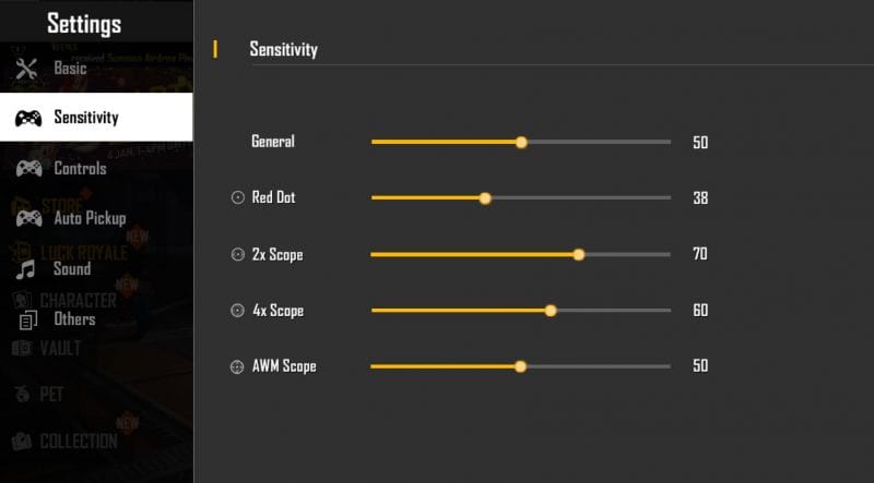 free fire sensitivity settings for casual players Free Fire sensitivity settings menu screenshot