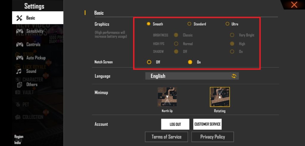 free fire sensitivity settings for input lag Free Fire graphics settings menu with High FPS and Smooth quality selected