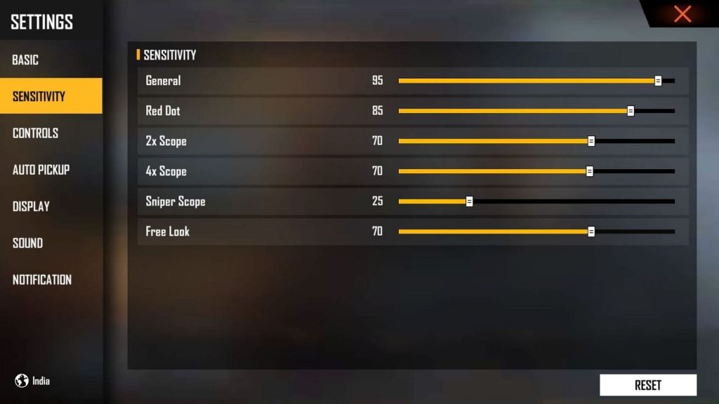 free fire sensitivity settings Free Fire in-game sensitivity slider labels general red dot 2x scope