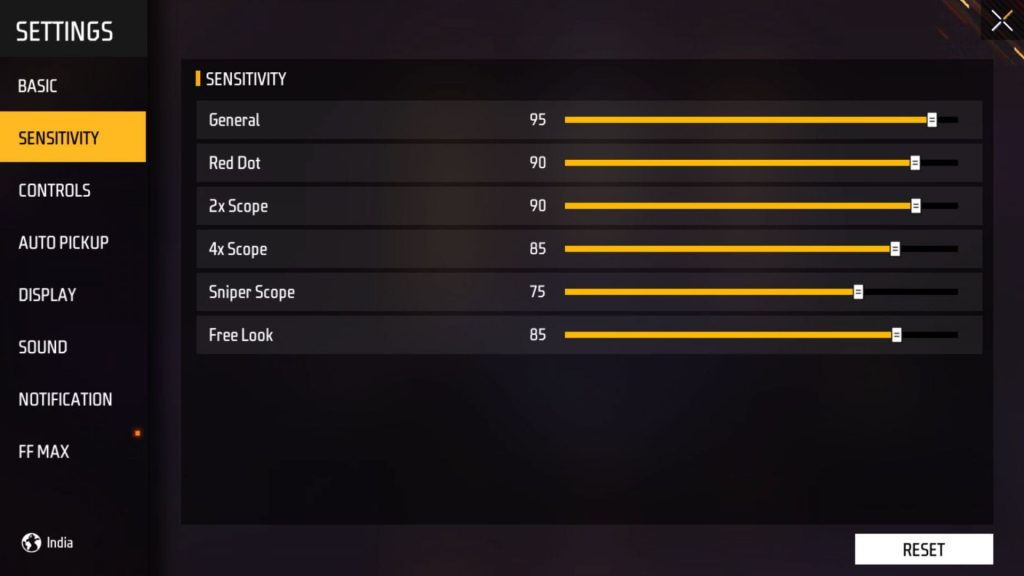 free fire sensitivity settings Free Fire sensitivity recommended baseline values on settings screen
