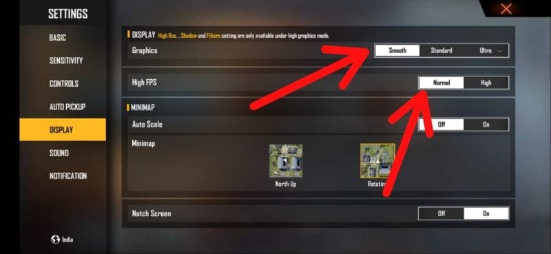 free fire sensitivity settings smooth fps Free Fire graphics settings with smooth FPS and high frame rate option highlighted