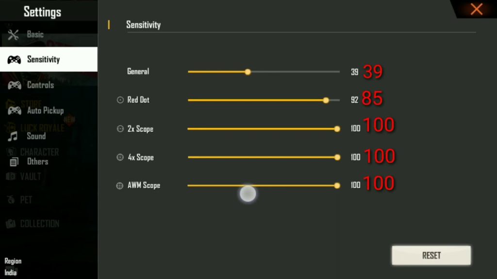 free fire sensitivity settings with high fps Free Fire graphics settings high FPS option screenshot