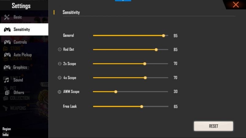 free fire sensitivity settings with high fps Free Fire scope sensitivity settings menu