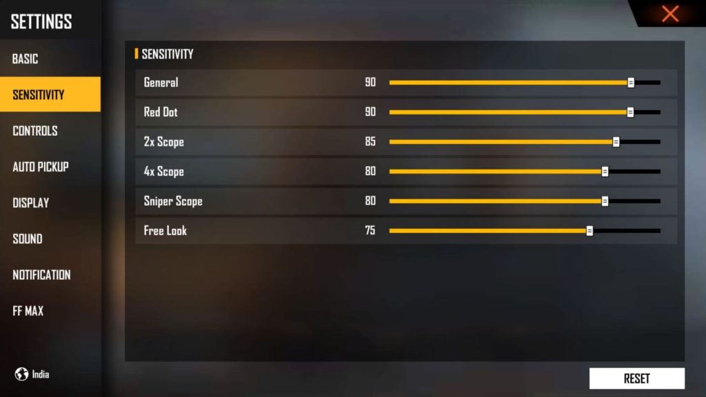 grandmaster free fire sensitivity settings Free Fire sensitivity settings menu screenshot
