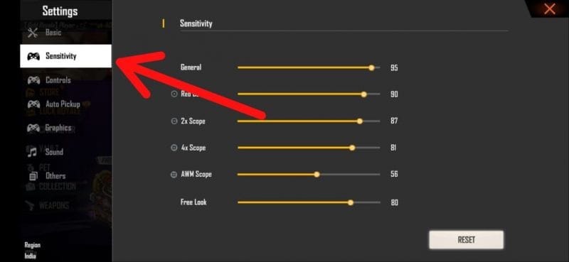 how to export free fire sensitivity settings Screenshotting Free Fire sensitivity tab on Android phone