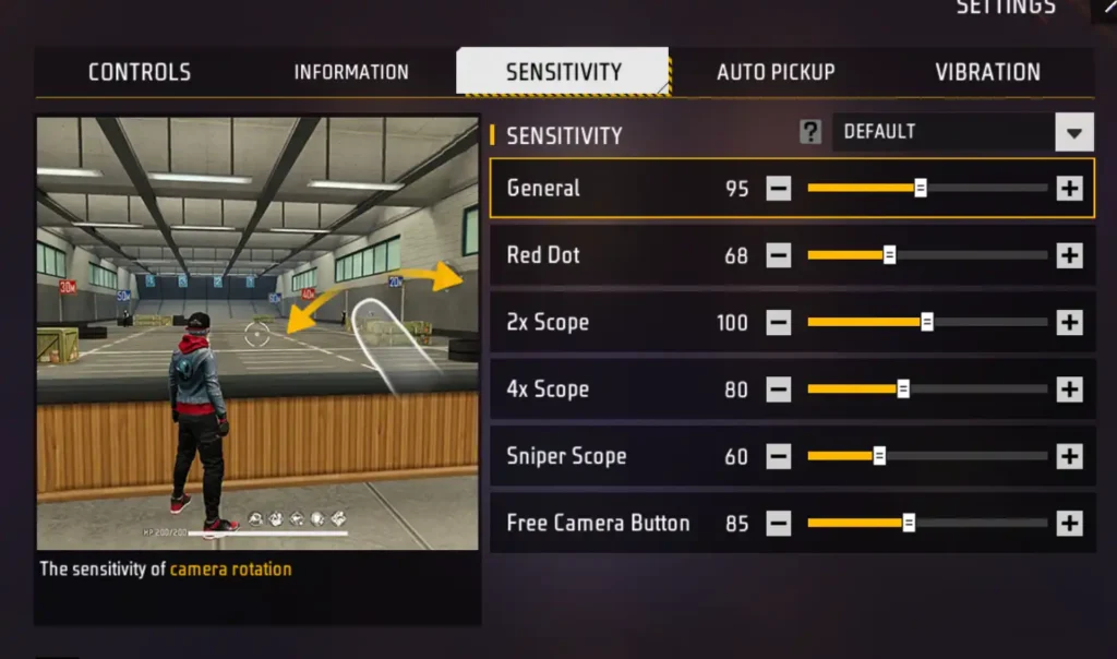 how to improve free fire sensitivity settings Free Fire sensitivity settings menu screenshot default values