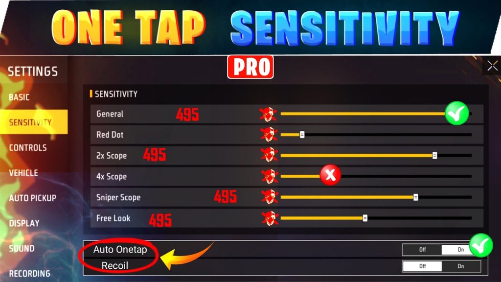 latest free fire sensitivity settings for one tap Free Fire one tap sensitivity settings menu showing values