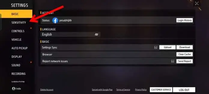 sync free fire sensitivity settings Free Fire sensitivity settings menu screenshot