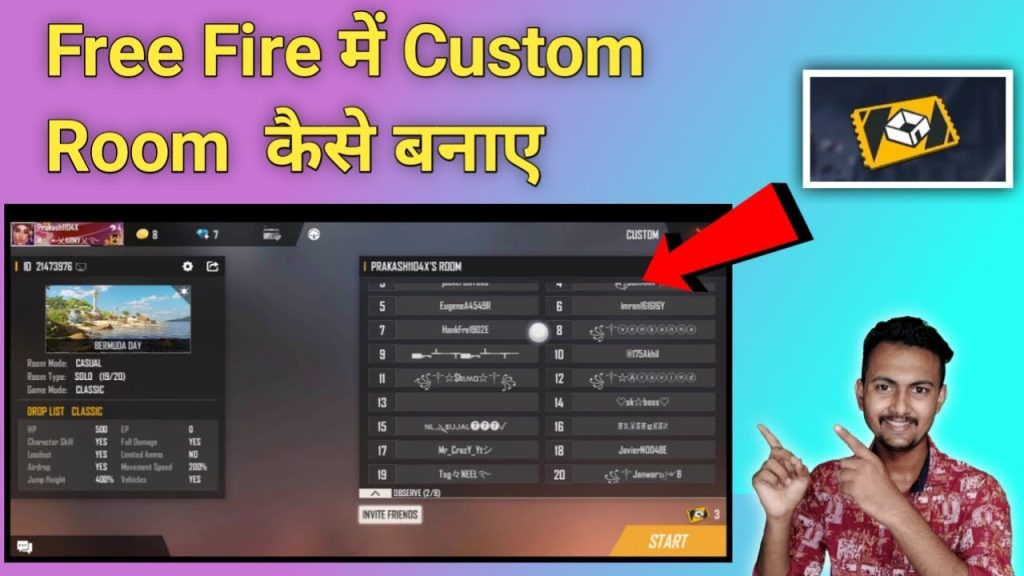 custom room free fire sensitivity settings Free Fire custom room creation screen