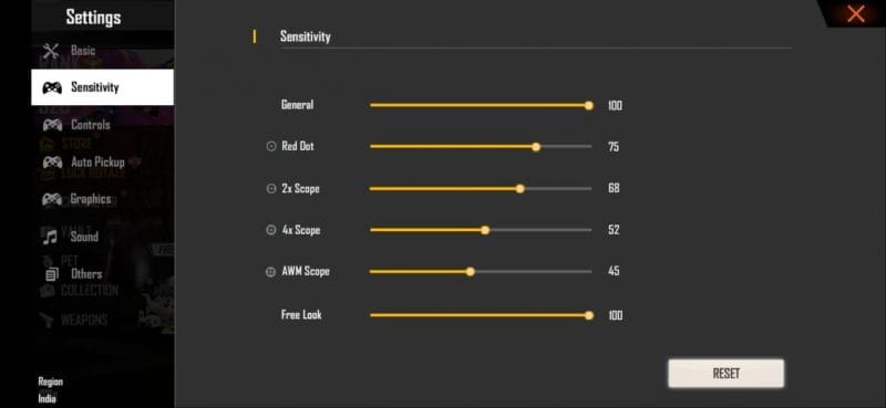 free fire camera sensitivity settings Free Fire sensitivity settings menu screenshot