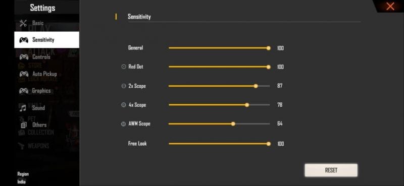 free fire dpi 900 sensitivity settings Free Fire sensitivity settings menu with sliders visible