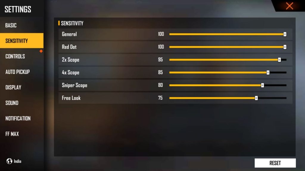 free fire max sensitivity settings for one tap Free Fire Max general sensitivity slider screenshot
