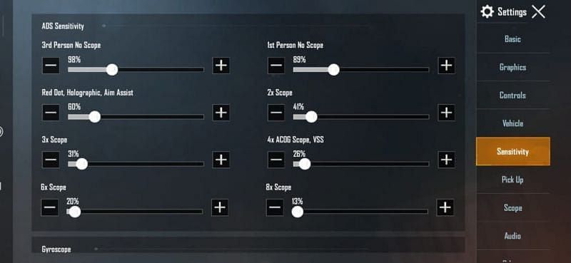 free fire sensitivity settings for 120hz screen Free Fire gyroscope sensitivity settings menu showing sliders