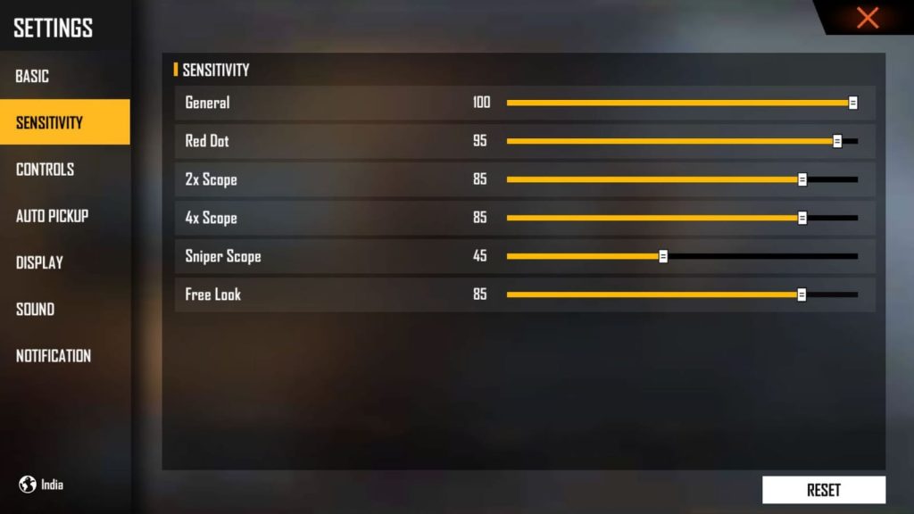 free fire sensitivity settings tested on android Free Fire sensitivity settings menu Android screenshot