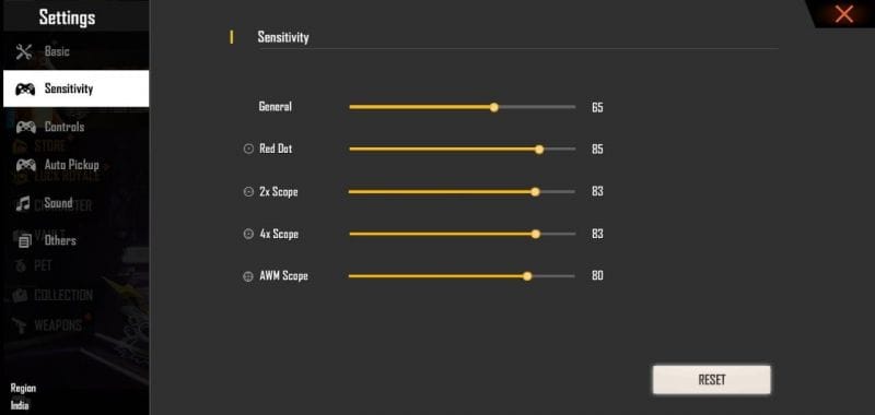 pro free fire sensitivity settings Free Fire sensitivity settings menu reset button screenshot